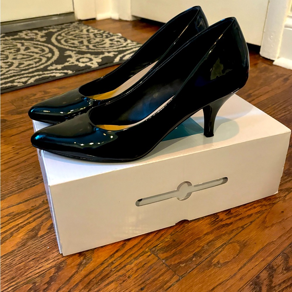 Patent black leather heels